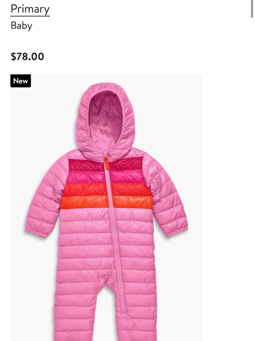 Primary Pink and Orange Kids lightweight puffer one piece snowsuit 18-24